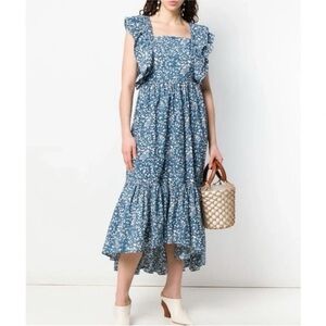 Ulla Johnson Freida Dress Blue Size 4 Indigo‎ Abstract Floral Cotton Poplin Tie